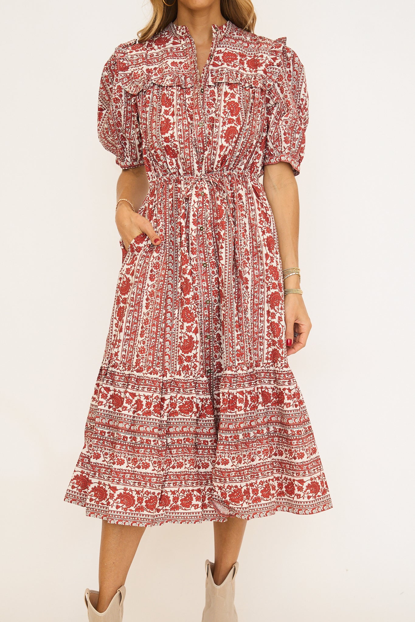 Averie Floral Drawstring Waist Midi Dress