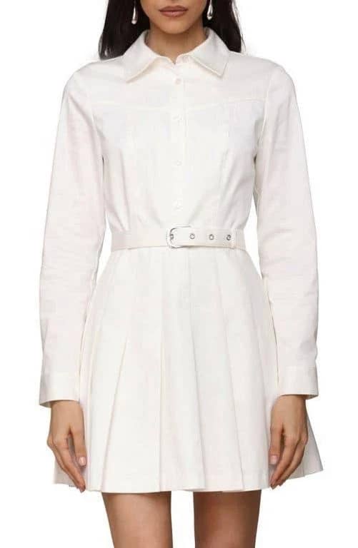 Belted Cotton Blend Pleated White Dress