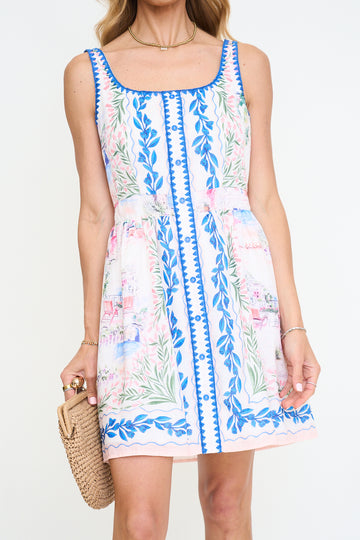 Scenery Print with Floral Border Print Dress