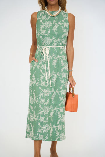 Embroidered Striped Sleeveless Midi Cord Tie