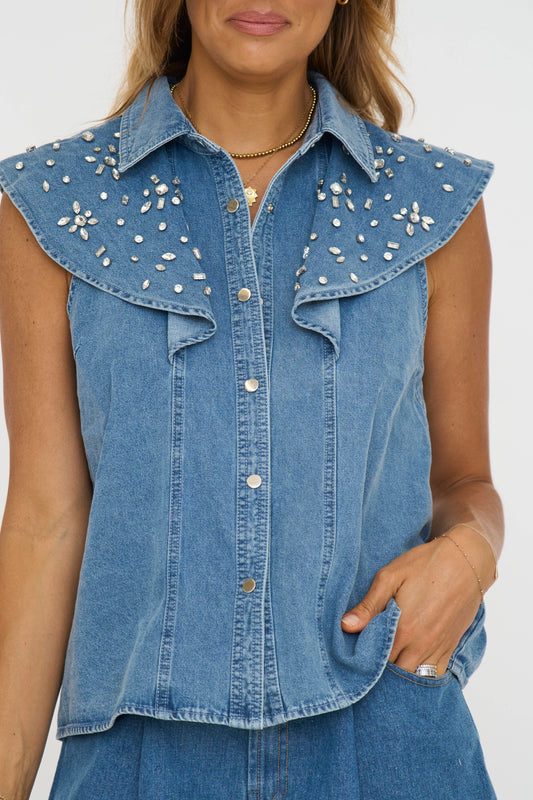 Rhinestone Denim Flutter Sleeve Top