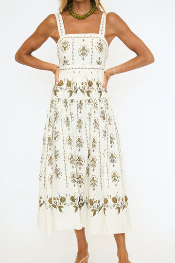 Botanical Print Drop-Waist Midi Dress