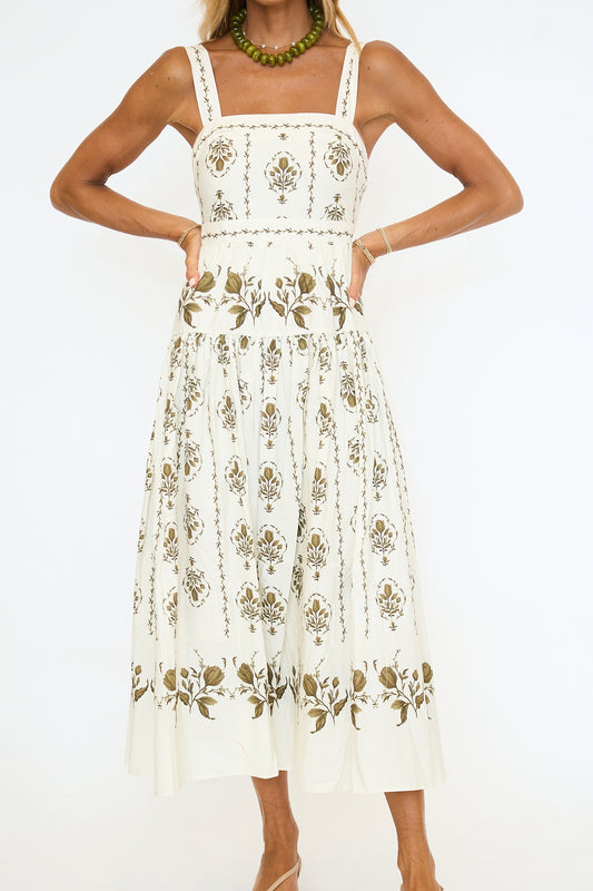Botanical Print Drop-Waist Midi Dress
