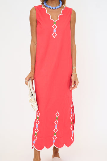Embroidered V-Neck Scallop Dress