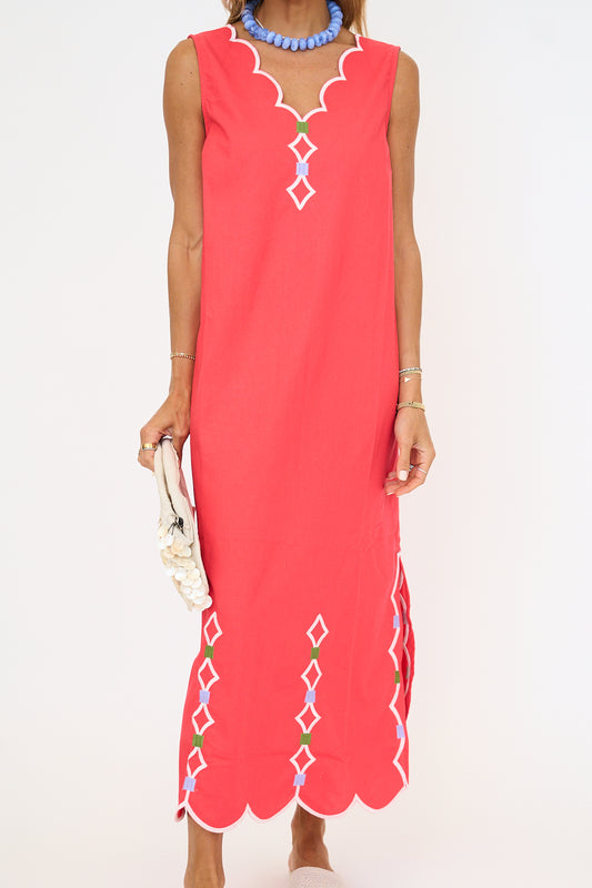 Embroidered V-Neck Scallop Dress