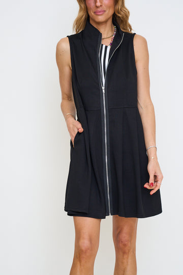 Color Band Contrast Accent Pleated Zip Up Dress
