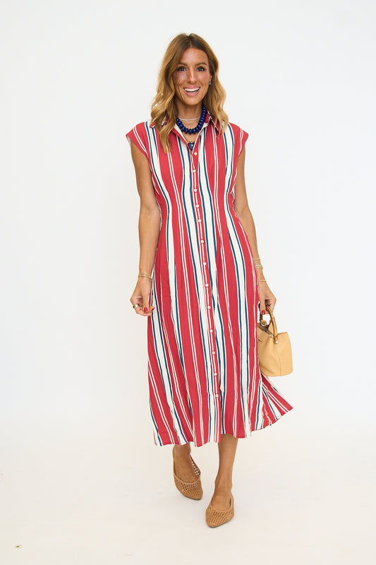 Fitted Bodice Striped Dress - Red