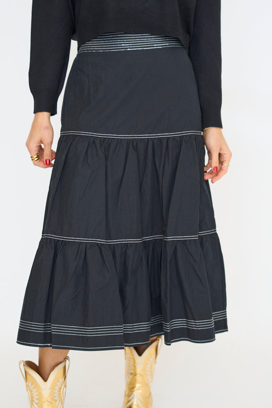 Top-Stitch Tiered Midi Skirt