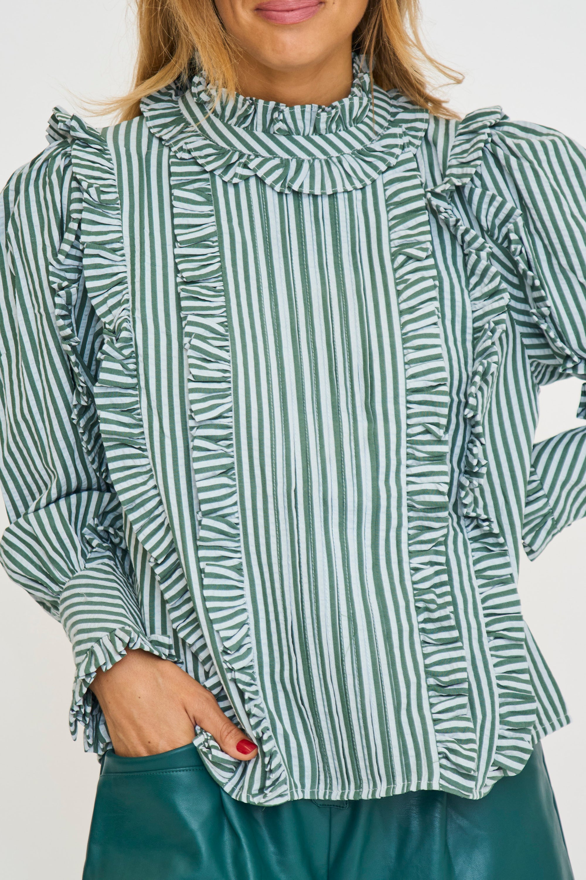 Ruffle Green Stripe Blouse