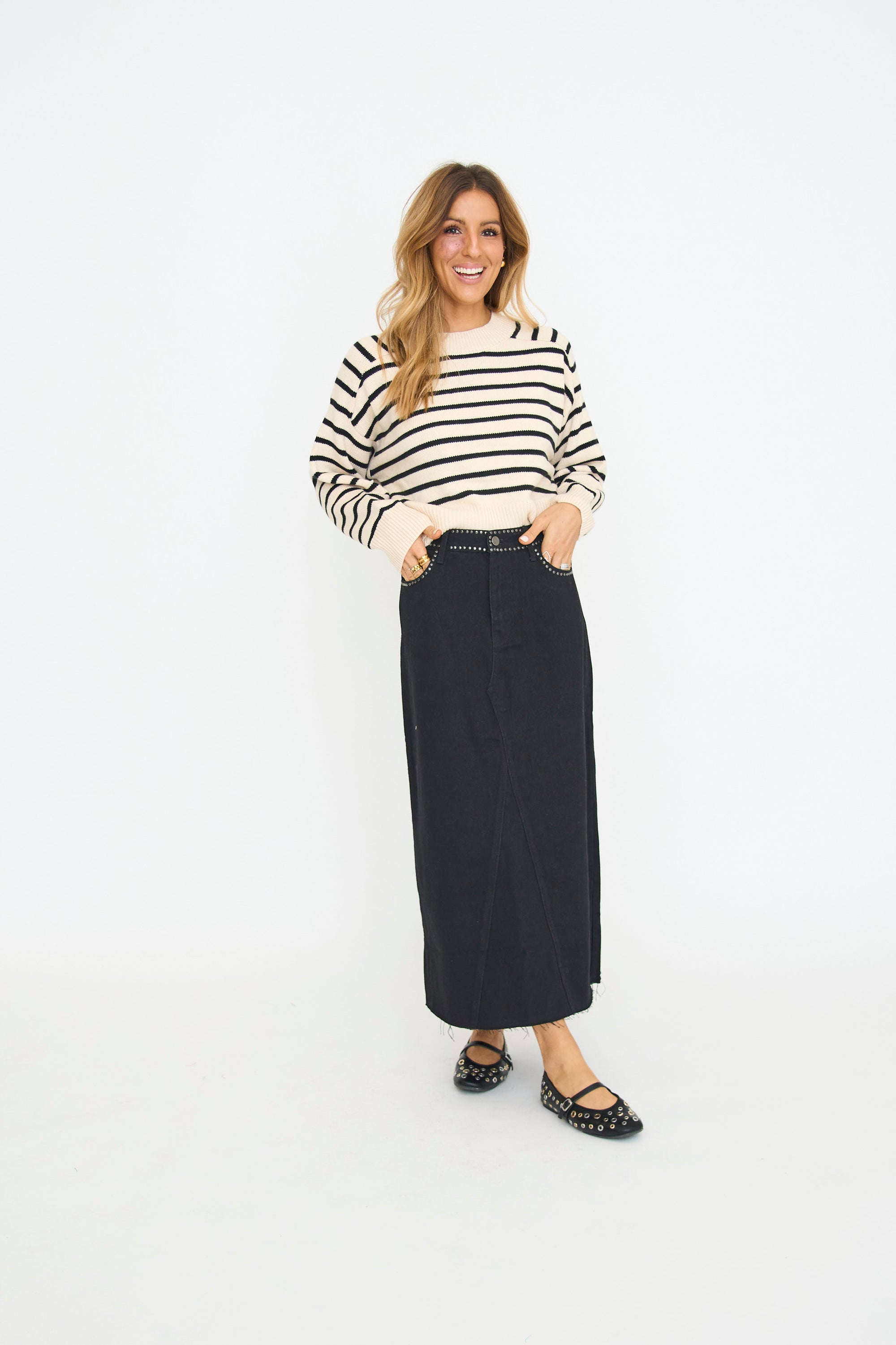 Stud Trim Denim Midi Skirt