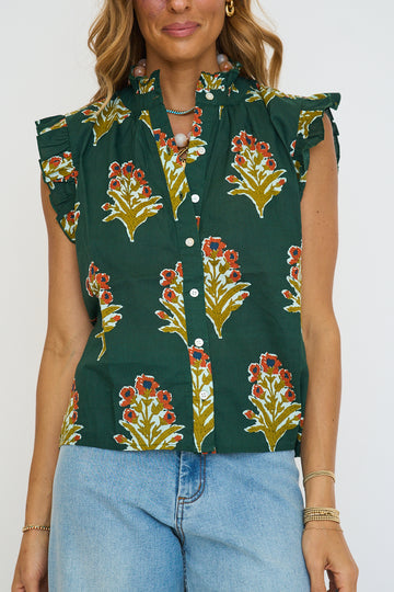 Green Flutter Sleeve Floral Detailed Top