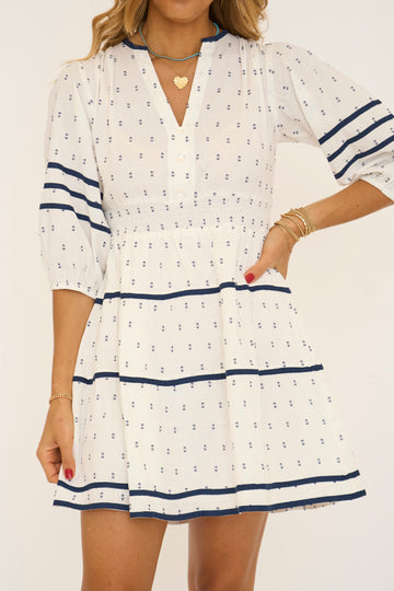 Ivory and Navy 3/4 Sleeve Mini Dress
