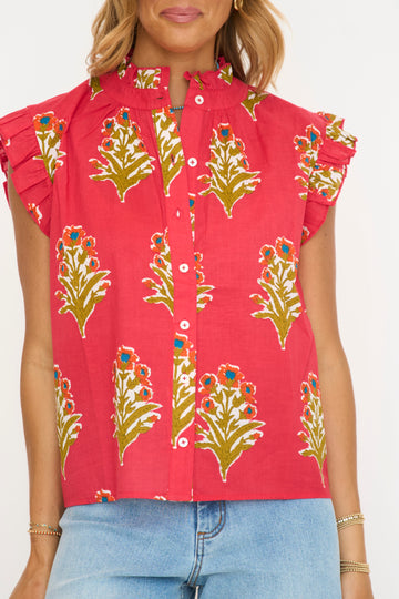 Red Flutter Sleeve Floral Detailed Top