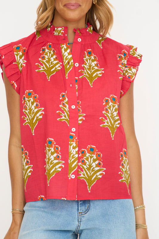 Red Flutter Sleeve Floral Detailed Top