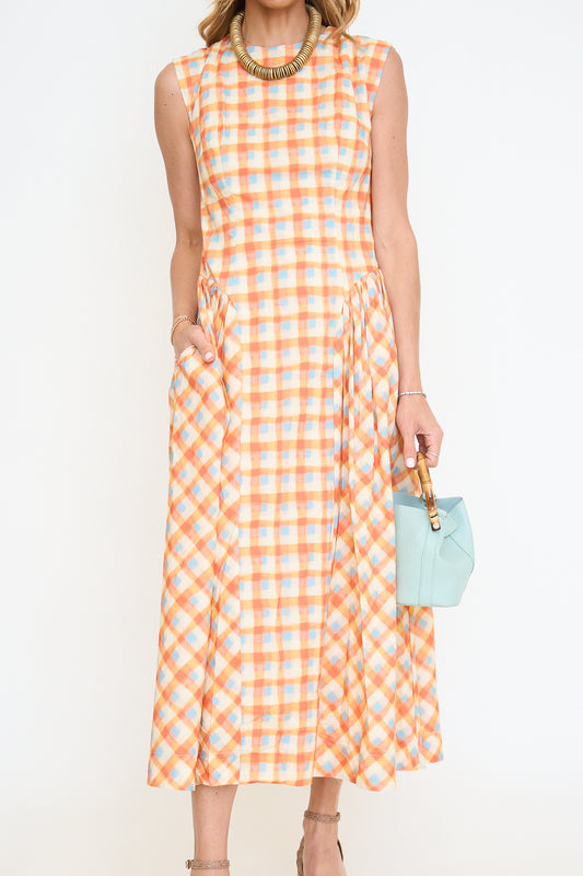 Basque Waist Plaid Midi Dress