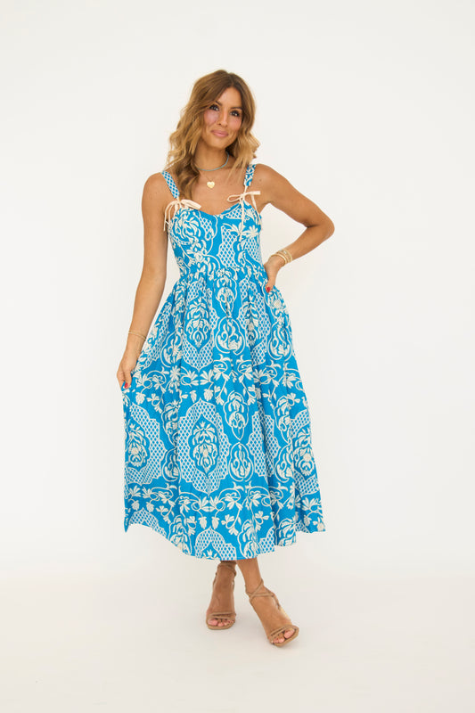 Border Print Sweetheart Neckline Midi Dress