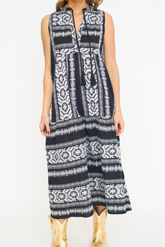 Stacy Embroidered Maxi Dress- Black and White
