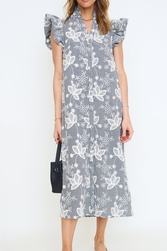 Floral Embroidered Gingham Print Midi Dress