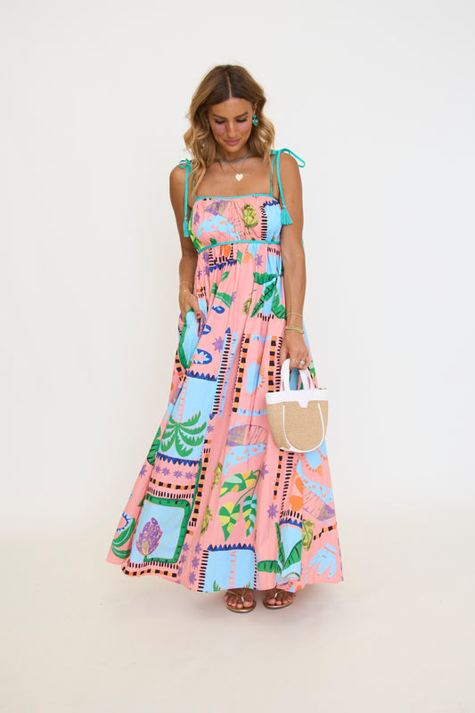 Watermelon Retro Tropical Print Cotton Maxi Dress