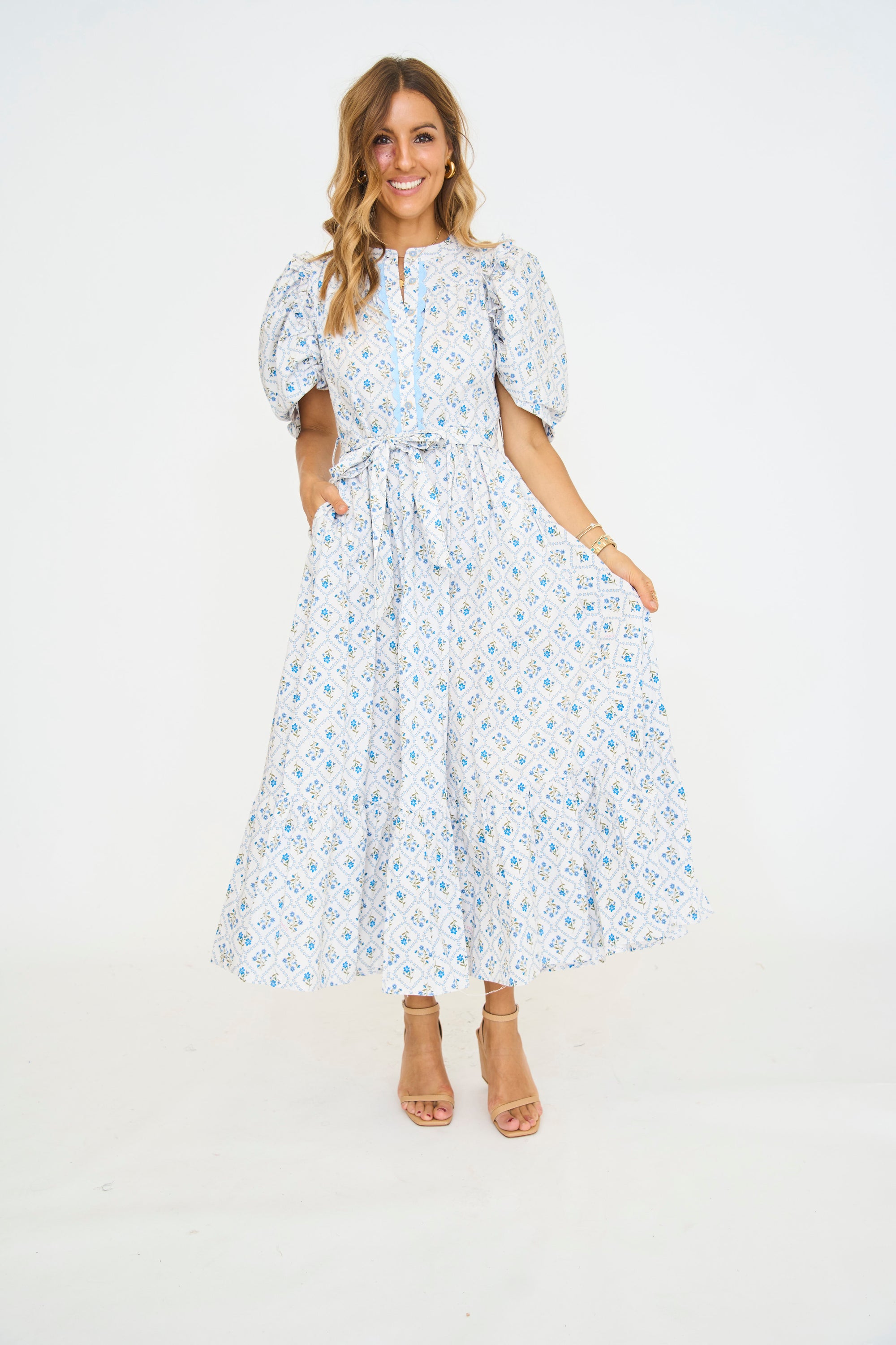 French Floral Garden Puff Sleeve Maxi Dress