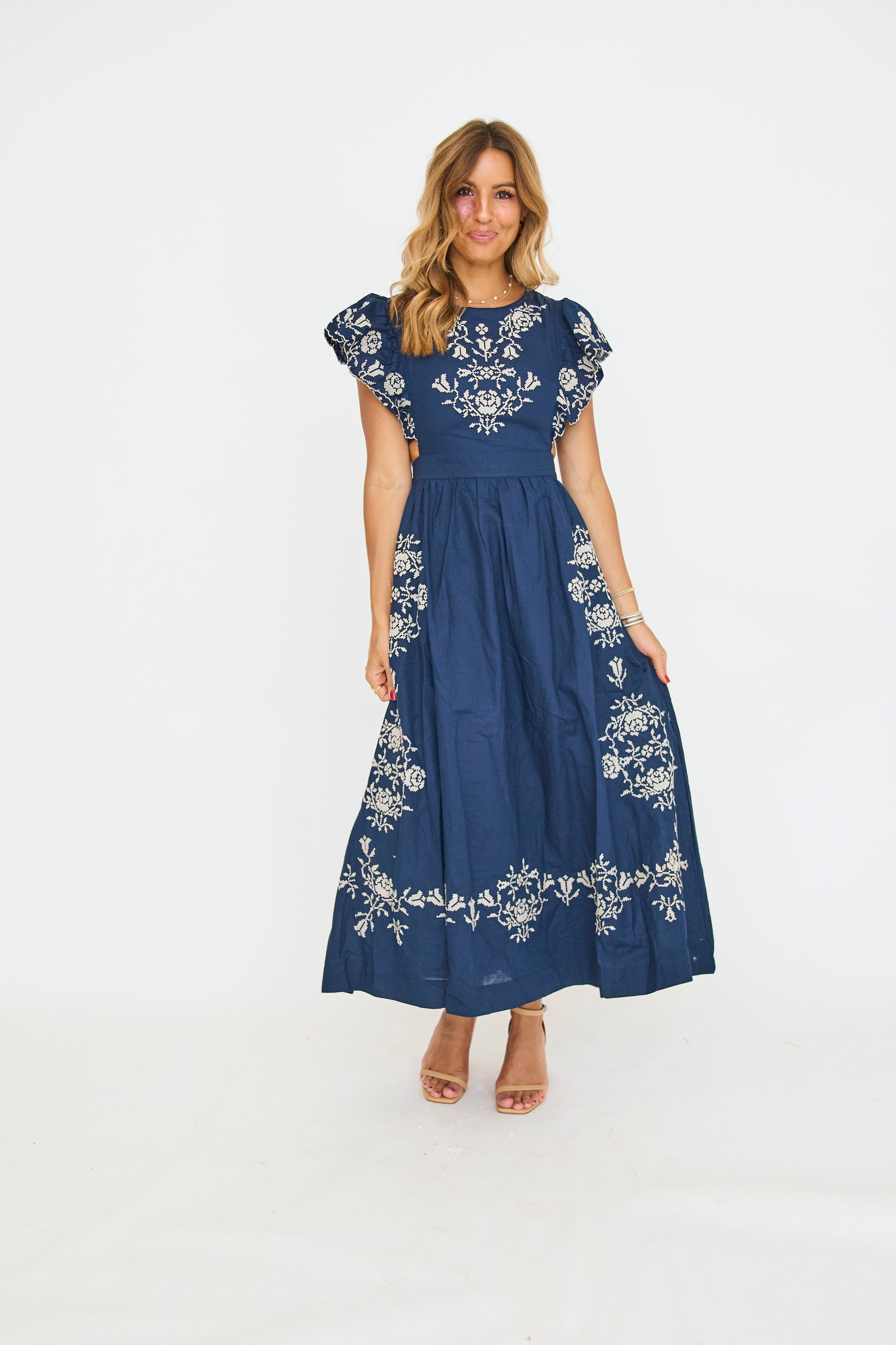 Liza Embroidered Navy Maxi