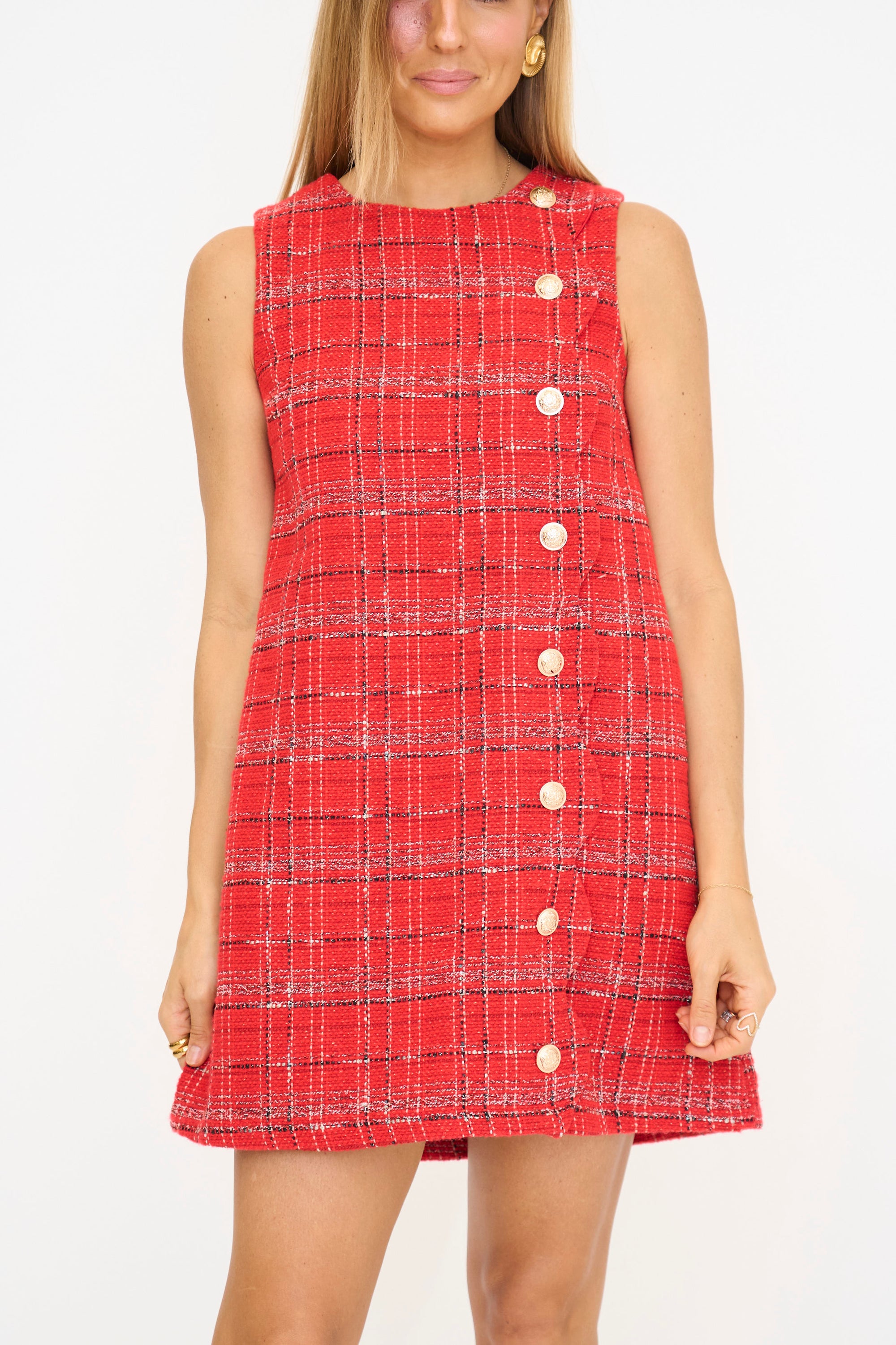 Red Tweed Mini Shift Dress with Gold Buttons