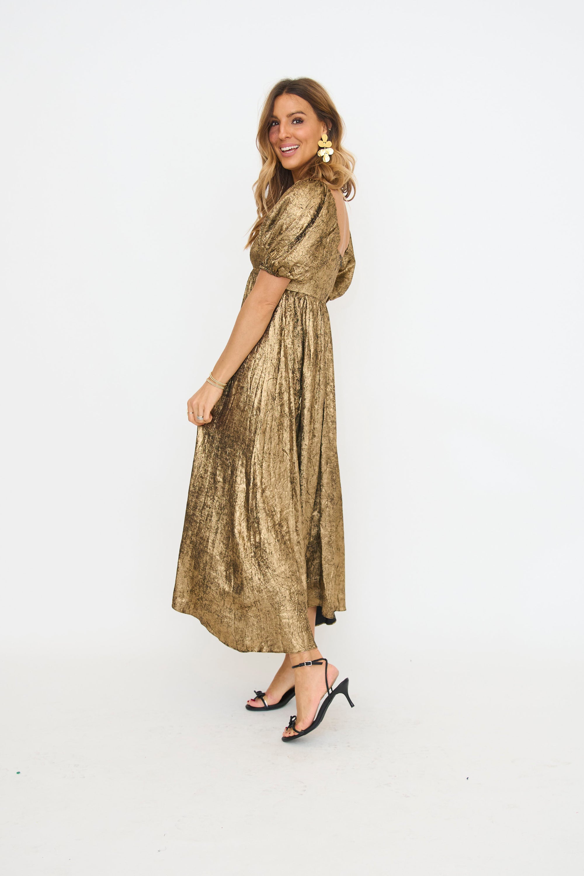 Metallic Puff Sleeve Midi Dress