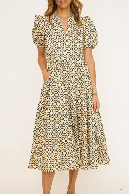Print Puff Sleeve Midi Dress