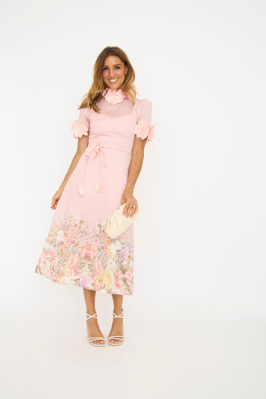 3D Floral High Neck Short Sleeve Midi Dress