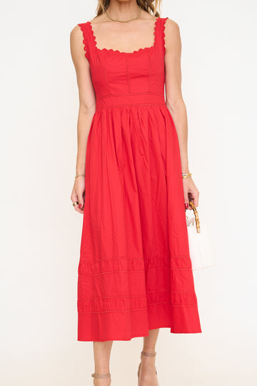 Red Lace Trim Detail Midi Dress