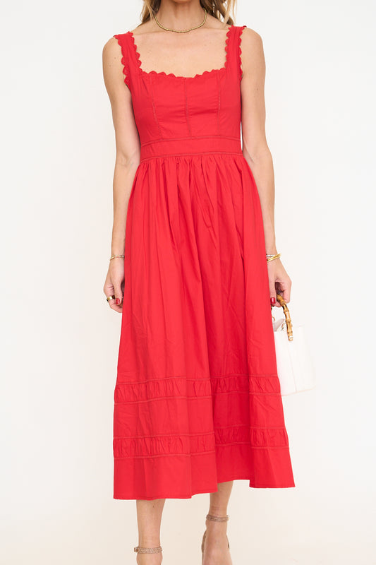 Red Lace Trim Detail Midi Dress