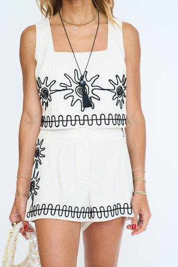 Linen Embroidered Detail Shorts Set