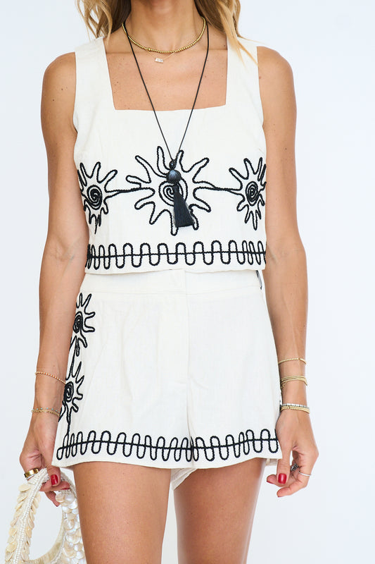 Linen Embroidered Detail Shorts Set