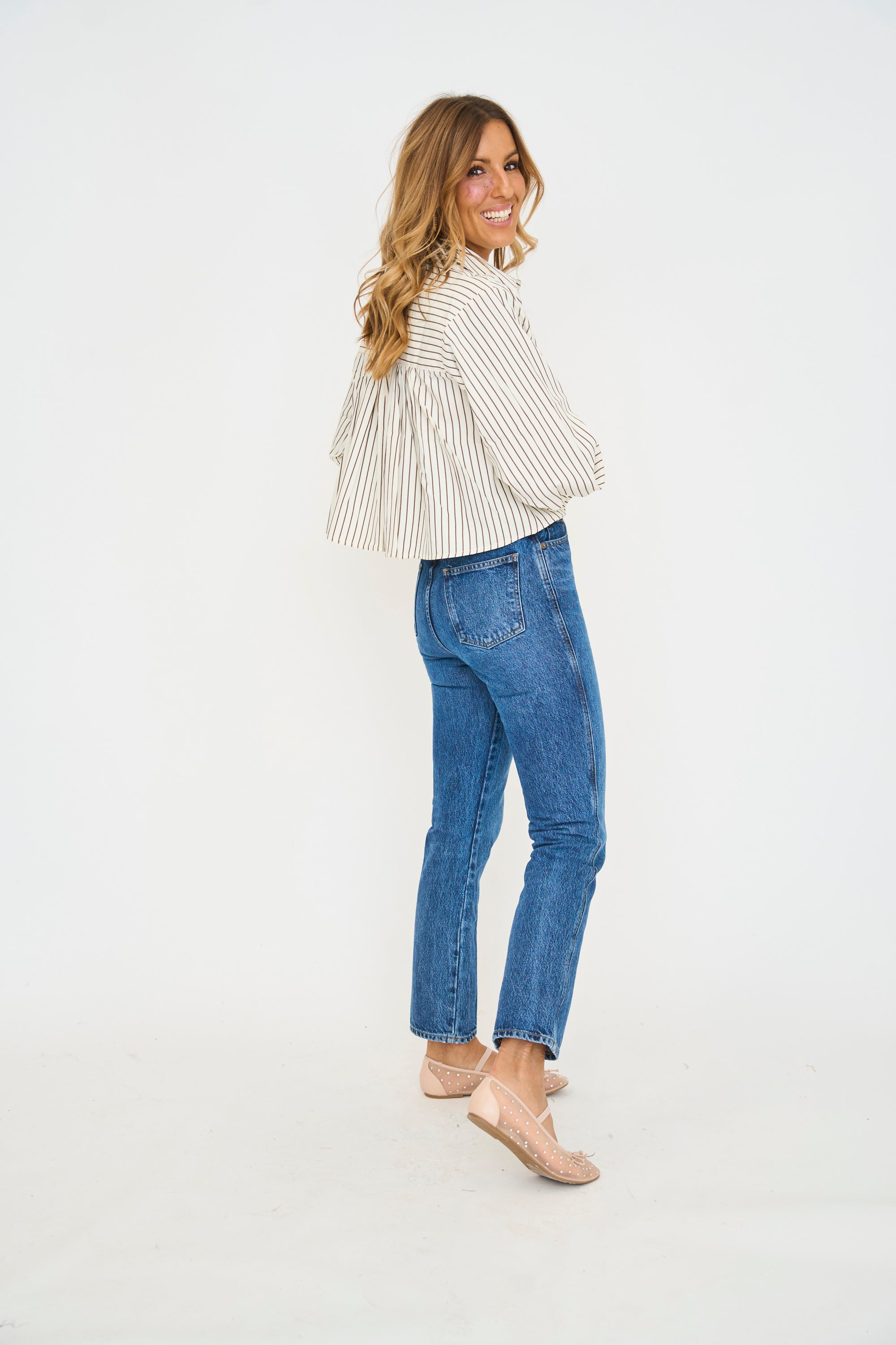 Cocoa Stripe Cropped Pleated Button Down