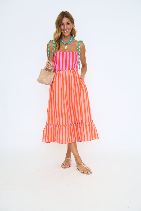 Stripe Color Block Tie Shoulder Maxi Dress
