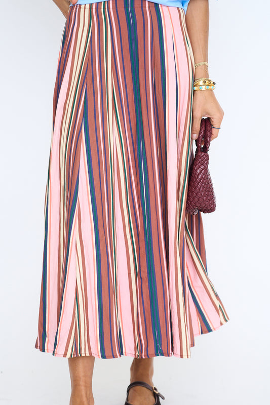 Multi Stripe Back Elastic Waistband Midi Skirt
