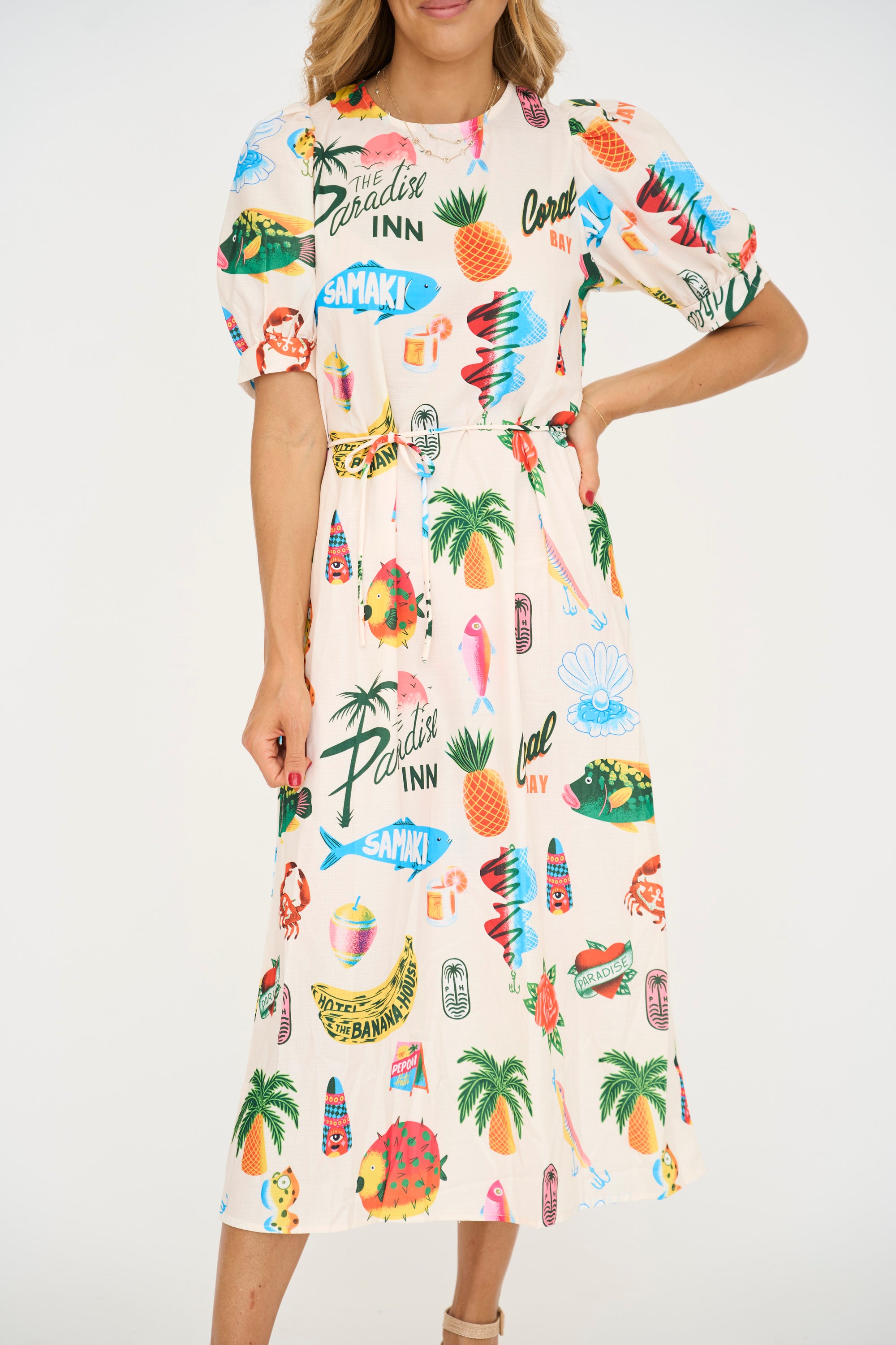 Paradise Print Belted Midi Dress