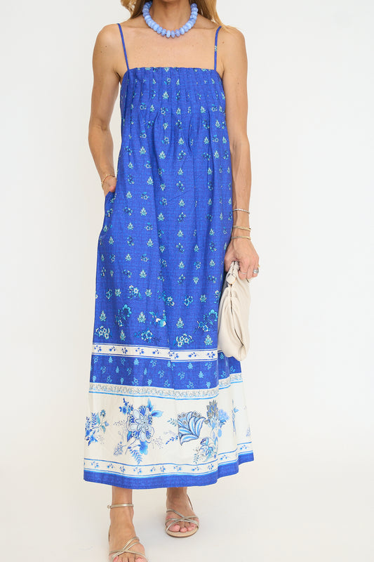 Pleated Floral Print Sleeveless Maxi Dress