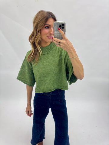 Marled Knit Mock Neck Short Sleeve Sweater