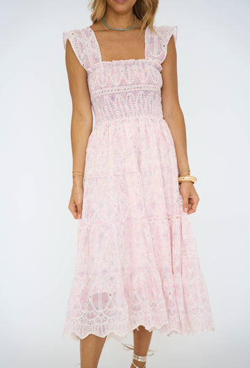 Whimsical Lace Flutter Sleeve Midi Dress