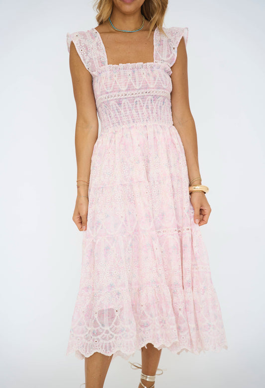 Whimsical Lace Flutter Sleeve Midi Dress