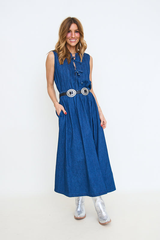 Elastic Waist Denim Maxi Skirt