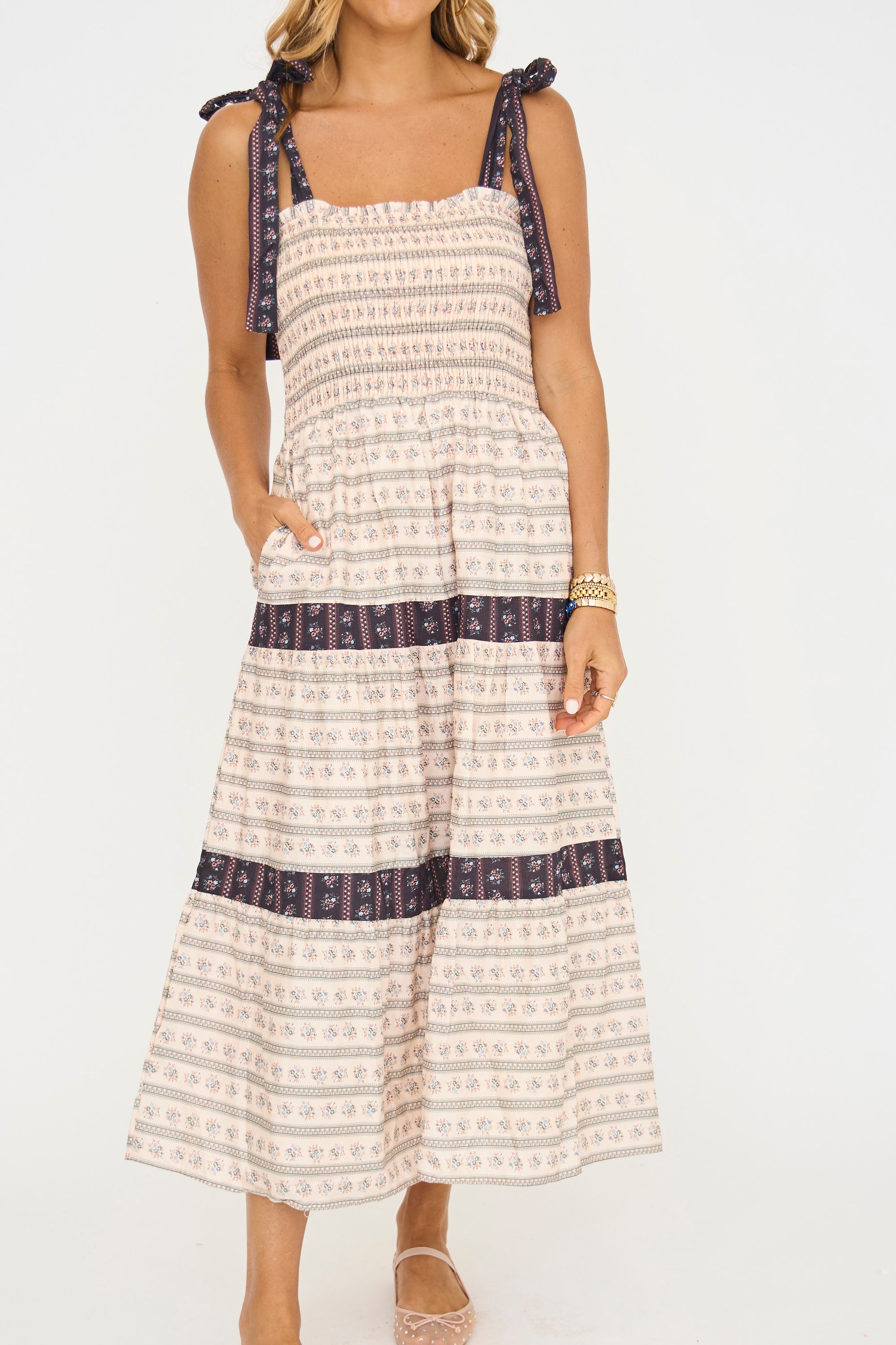 Tatum Smocked Midi Dress in Ivory