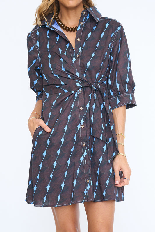Geometric Print Tie Waist Shirt Dress