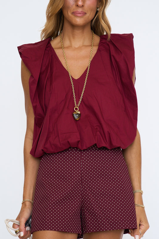 Solid Poplin V-Neck Bubble Top