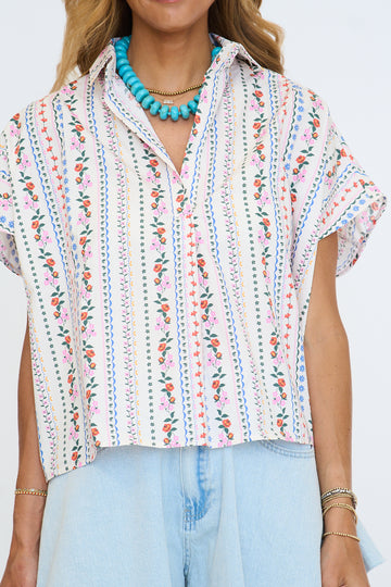 French Floral Signature V-neck Collar Top