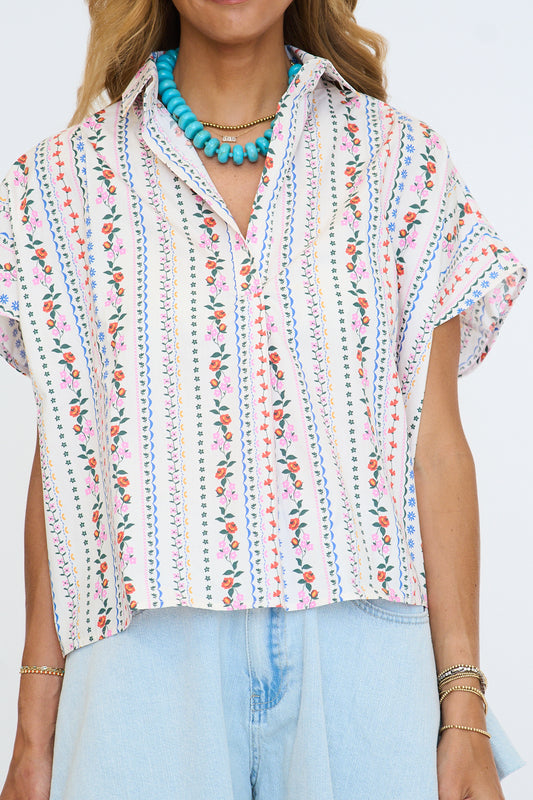 French Floral Signature V-neck Collar Top