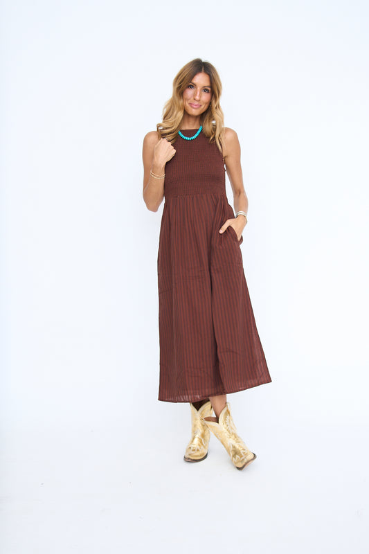 Ava Brown Smocked Midi Dress