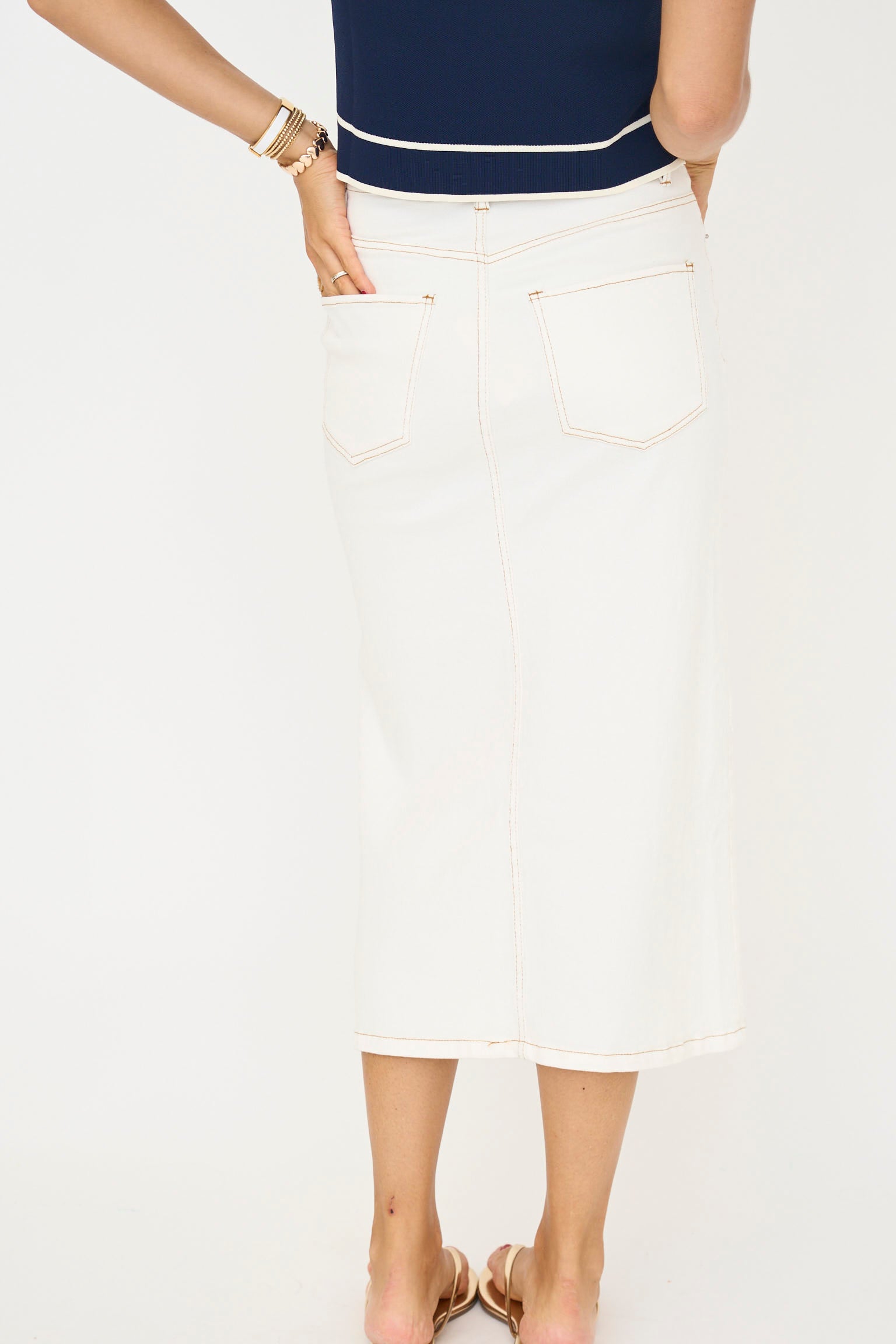 Front Slit Denim Midi Skirt in Off White