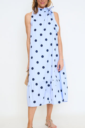 Ruffle Neck Tie Sleeveless Midi Dress - Polka Dot